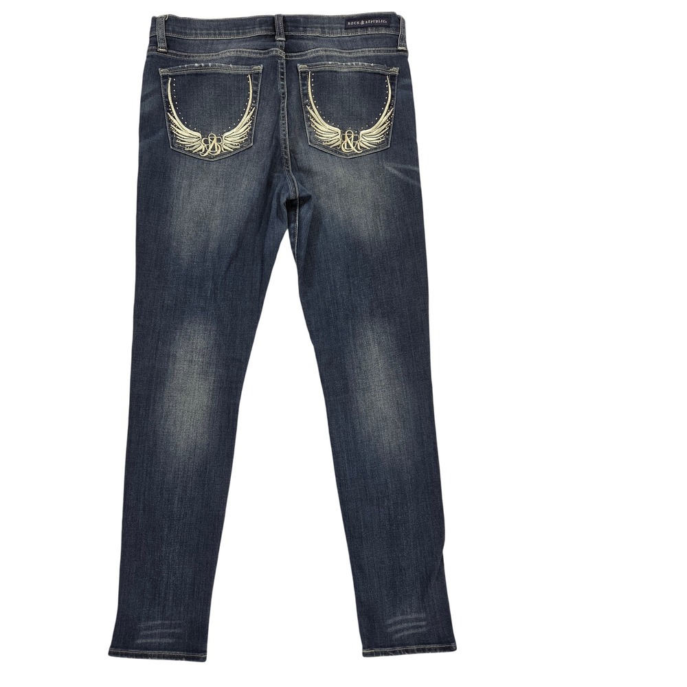 Rock & Republic Dark Blue Jeans Y2K‎ Embellished Wing Back Pocket Distressed 12